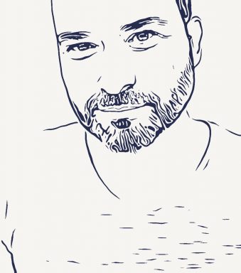 A black and white sketch of Raymond K. Larum